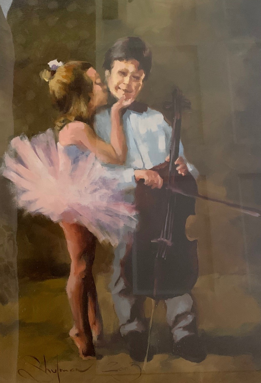Innocent Harmony — Young Ballerina and Cellist in Soft Light - 2003 Painting of a young ballerina in a pale pink tutu gently kissing a shy boy holding a cello, in a softly lit intimate space with muted earth tones