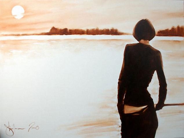 Painting of a solitary woman seen from behind, silhouetted against a calm lake and a soft sky of pale browns and creams at sunrise