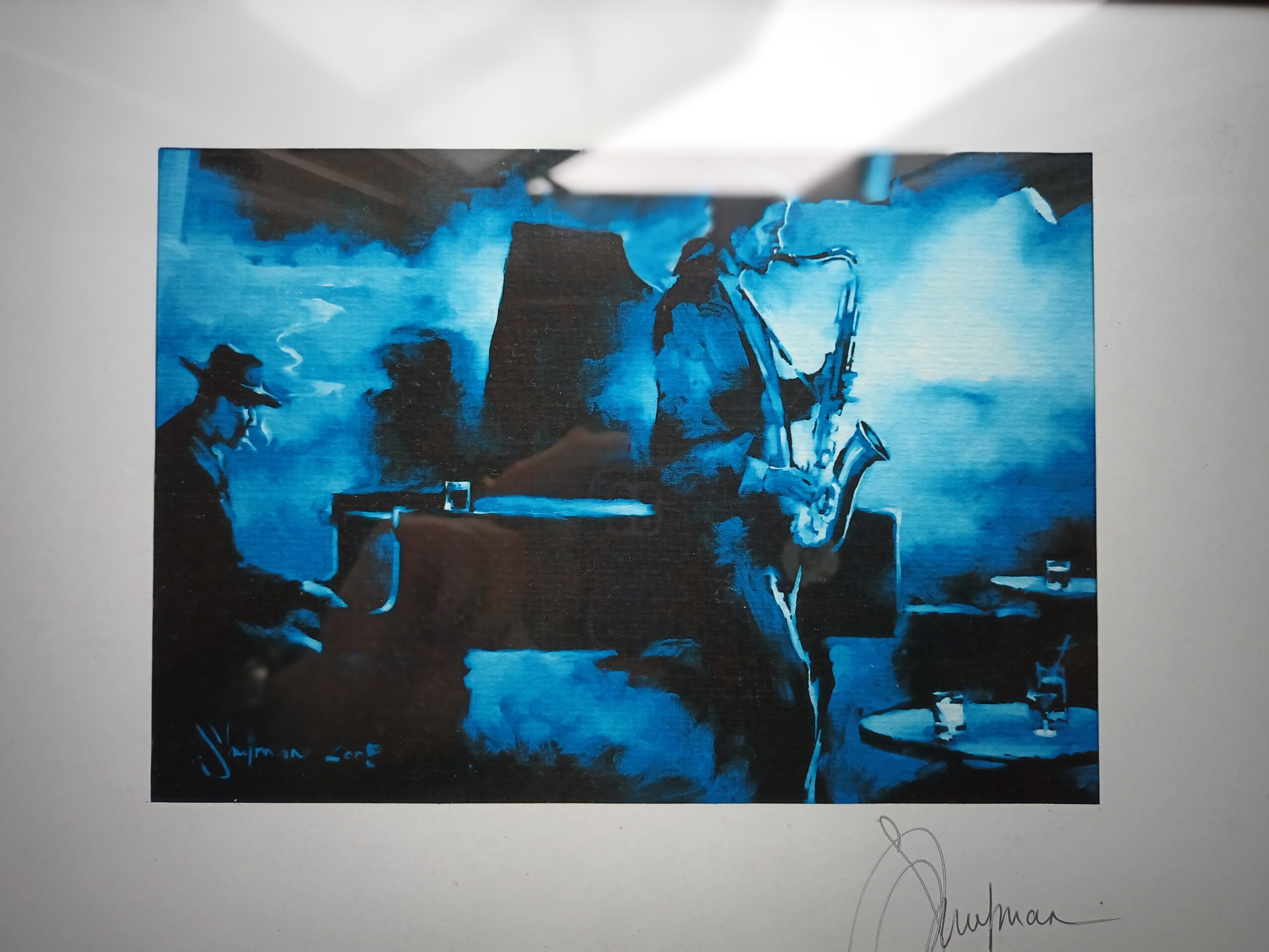 Igor Shulman, Untitled (Midnight Jazz), acrylic painting of two jazz musicians — a pianist and a saxophonist—in a dimly lit smoky club, predominantly dark blues and blacks, expressive brushstrokes capturing atmosphere and mood.