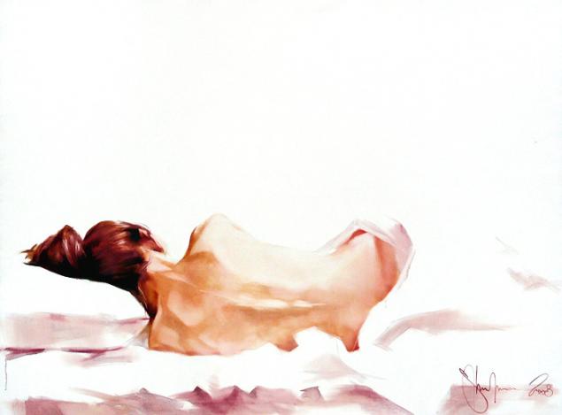 Painting of a nude woman lying on her stomach on white bedding, her warm peachy skin softly lit against a pale, airy background