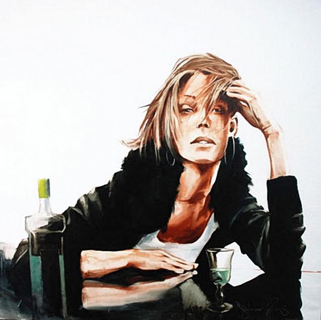 Painting of a young woman with windblown blonde hair, dressed in a black leather jacket, sitting pensively beside a bottle of absinthe and a glass, on a plain white background