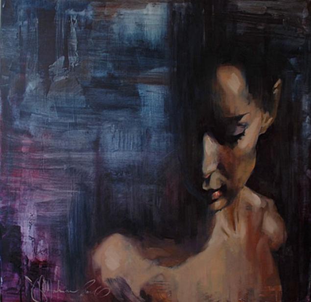 Expressive realism painting of a pensive woman with dark voluminous hair, partially shadowed face, set against a brooding, abstract background of blues and purples, with thick impasto brushstrokes