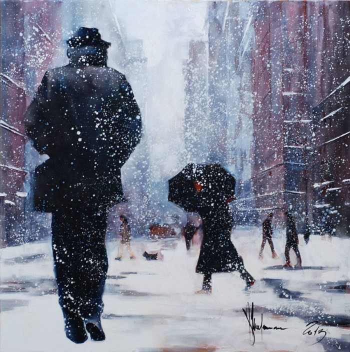 Impressionistic oil painting of a snowy urban street showing a hunched man in a dark overcoat and hat walking away, a woman with an umbrella in the background, muted purples, grays, and browns with soft, textured snowfall
