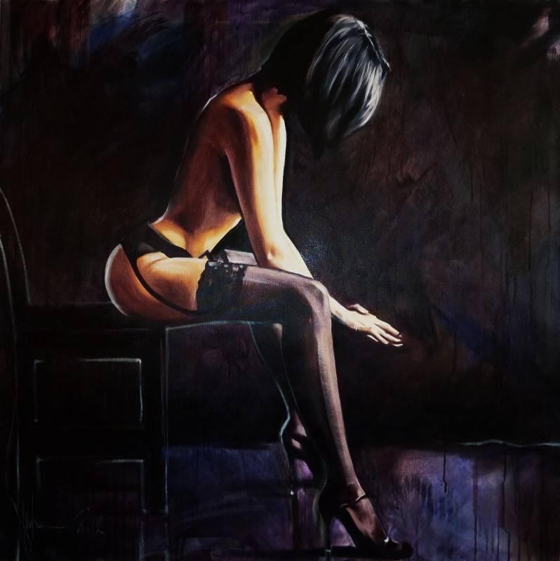 Oil painting "After Dance" by Igor Shulman, showing a woman with short dark hair seated in black lingerie and stockings on a dark chair, her posture pensive and the scene softly illuminated against a shadowy, purple-black background.