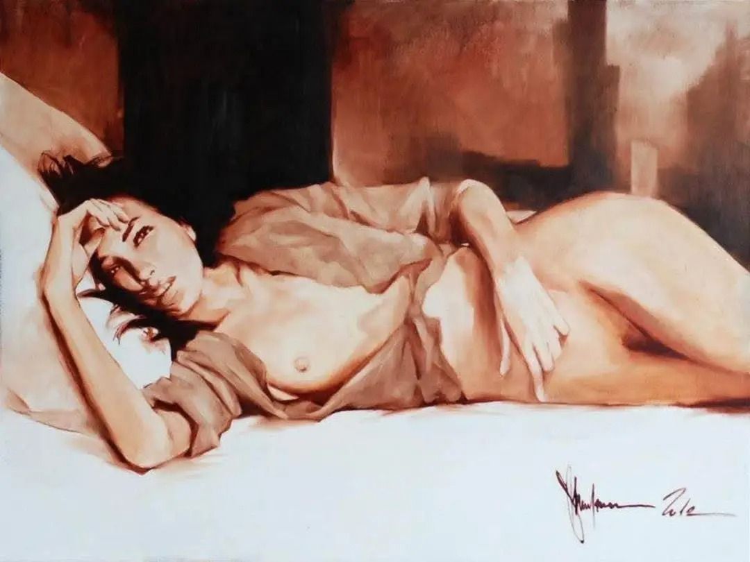 Realistic oil painting by Igor Shulman of a nude woman with dark hair reclining on a bed in soft, sepia-toned light, suggesting introspection and quiet sensuality