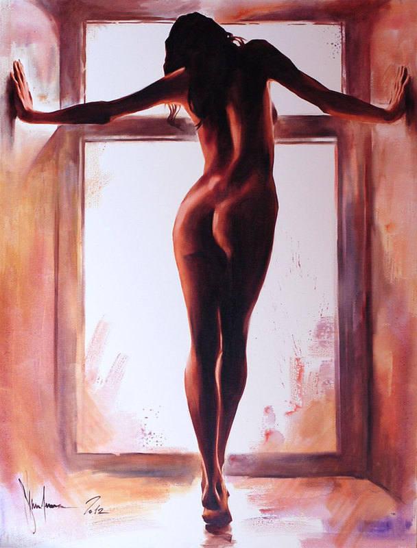 Nude woman standing by a window in a warm, earthy-toned room, captured with soft light and gentle brushstrokes, showing a moment of quiet thought.