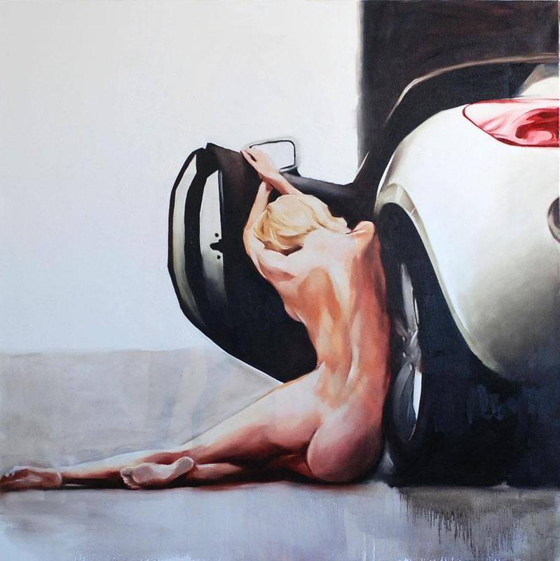 Oil painting of a nude blonde woman seated beside a white sports car, showing contrast between soft skin and hard metal.