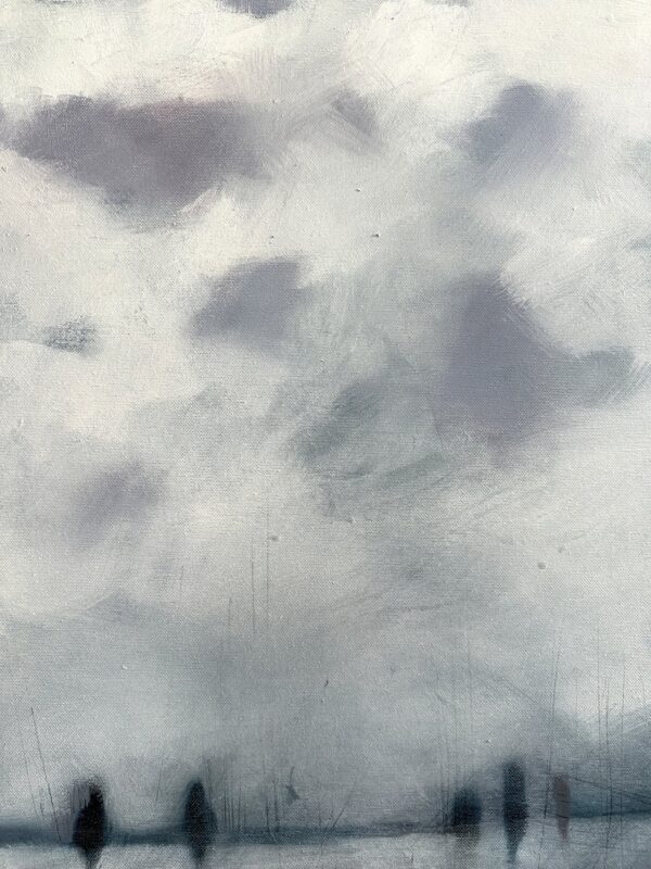 Close-up of brushwork showing color transitions in sea and sky on Deep low Tide