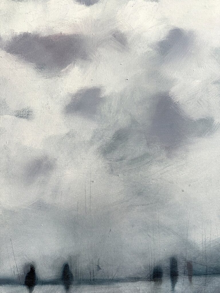 Close-up of brushwork showing color transitions in sea and sky on Deep low Tide