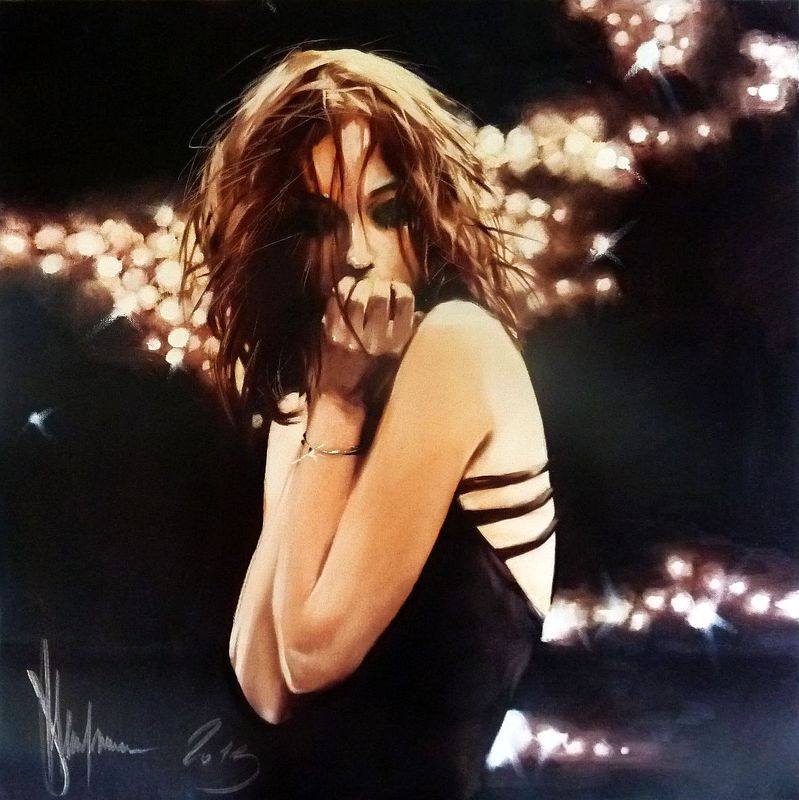 Oil painting of a young woman with reddish-brown hair in a dark dress, pictured against blurred warm city lights at night.