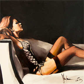 Original oil painting What Moves Stirs by Igor Shulman, figurative erotic art showing a reclining woman on a chaise lounge.