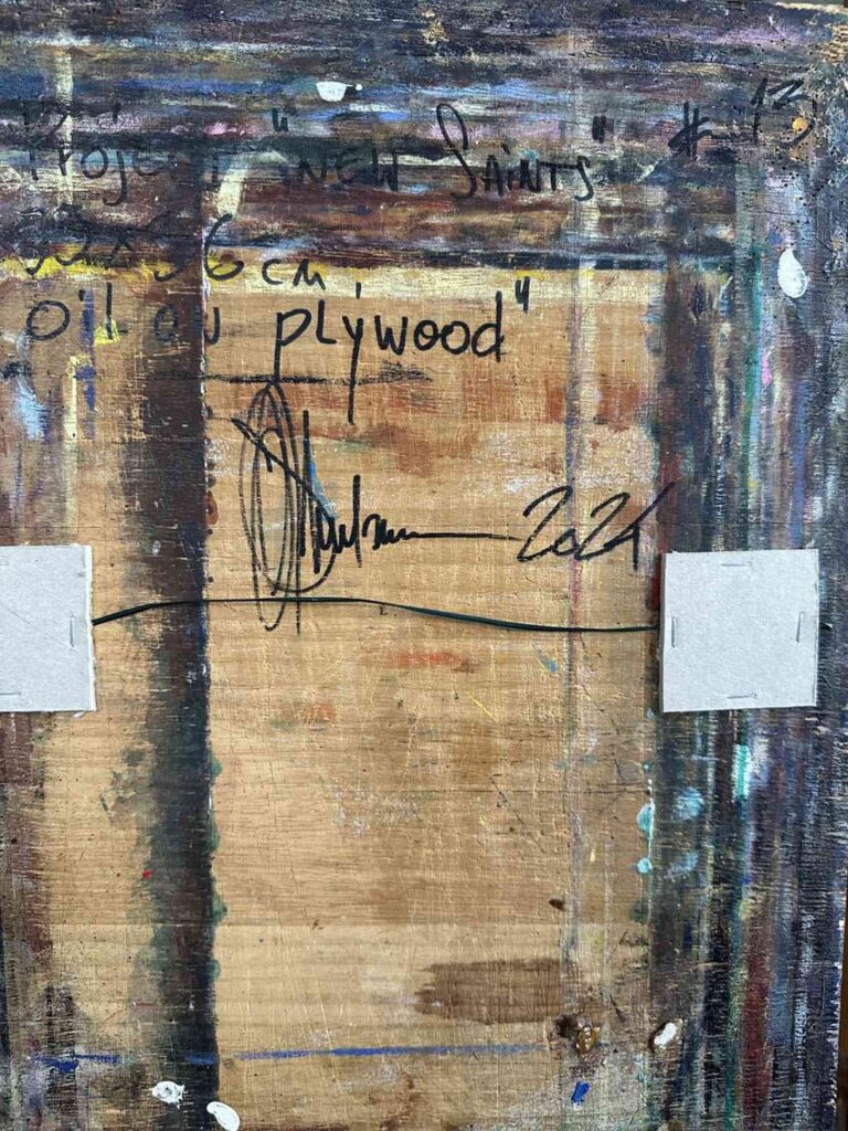 Reverse side of Project New Saints #13 by Igor Shulman, showing the plywood panel, stretcher, and artist’s signature.