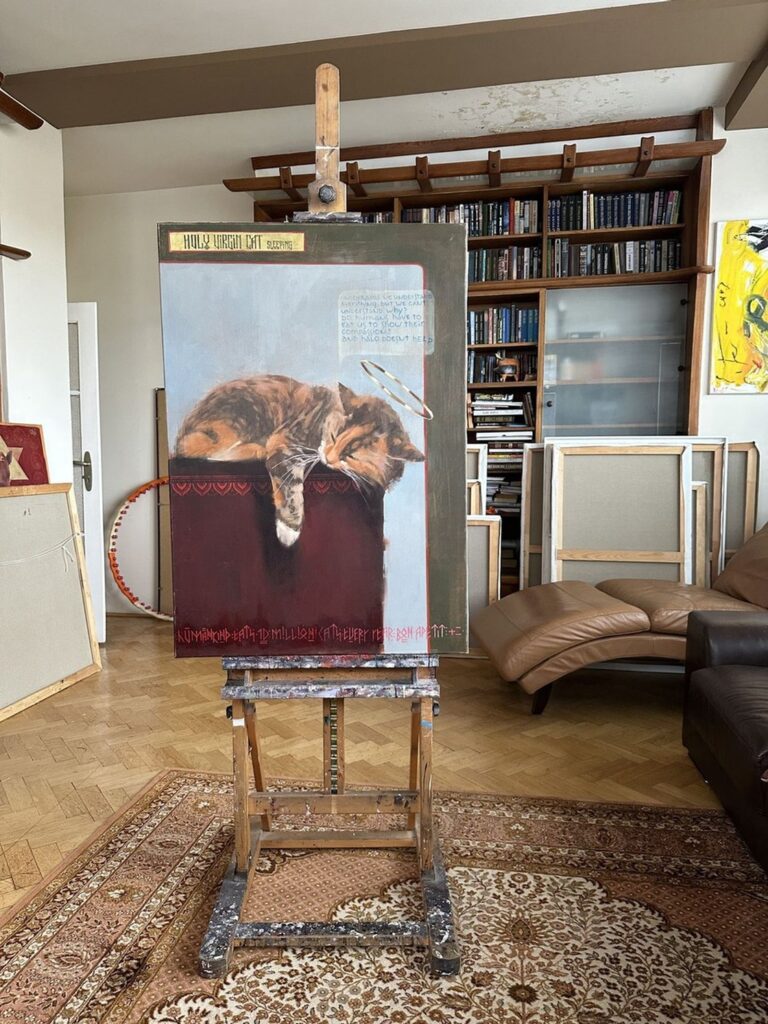 The painting Project New Saints #3 photographed in Igor Shulman’s studio, showing scale, texture, and detail of the oil on linen canvas.