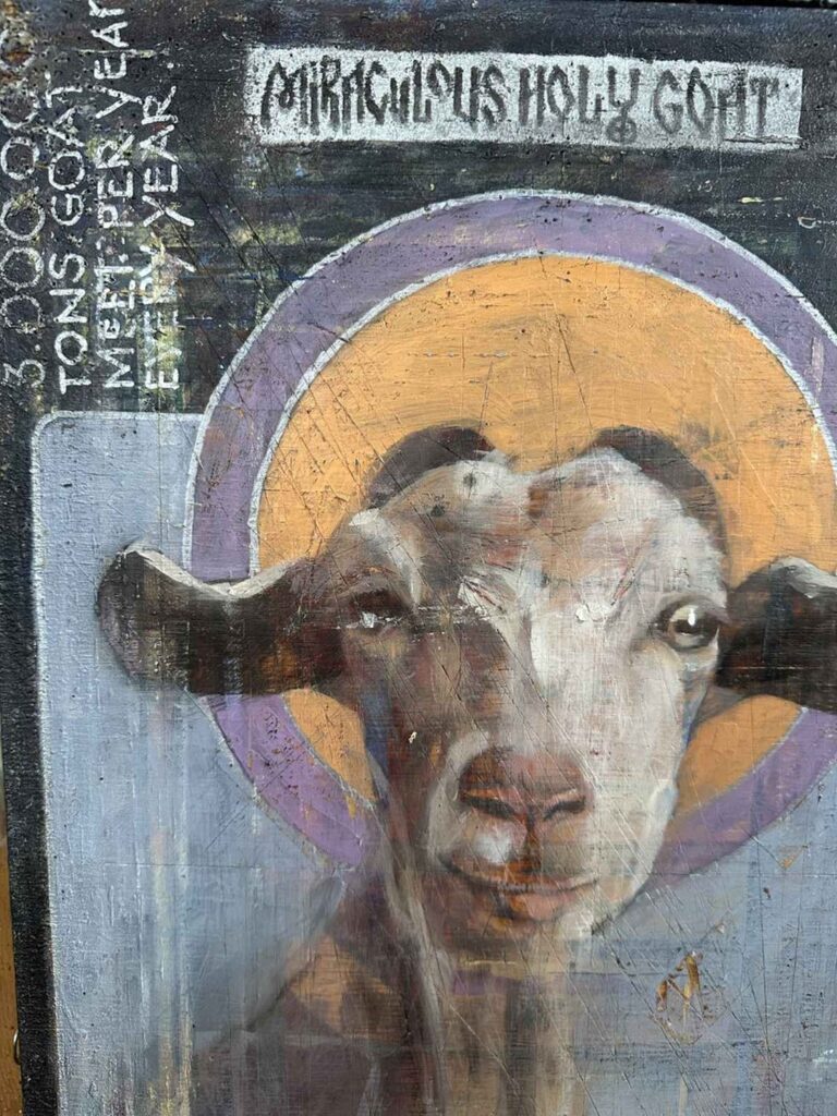 Close-up detail of Project New Saints #13, highlighting brushwork, texture, and color of the goat and surrounding elements.