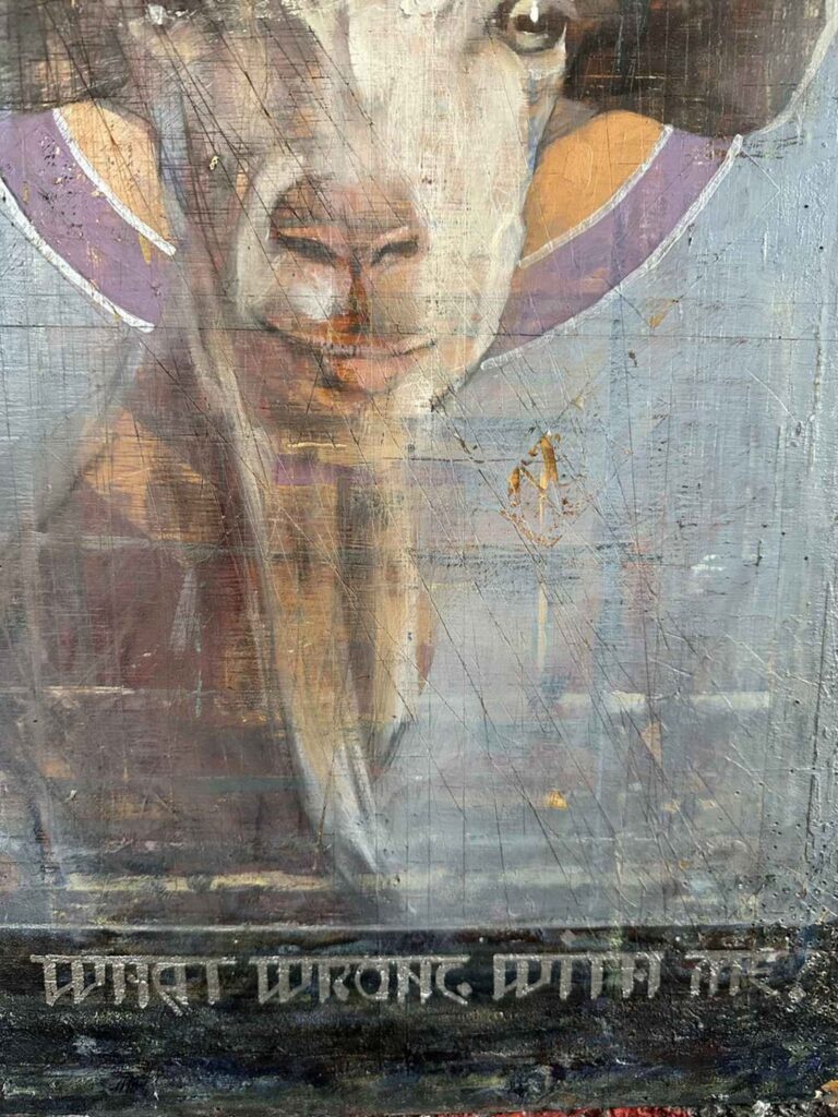 Detailed view of Project New Saints #13, showing expressive oil painting techniques and fine textures on plywood.