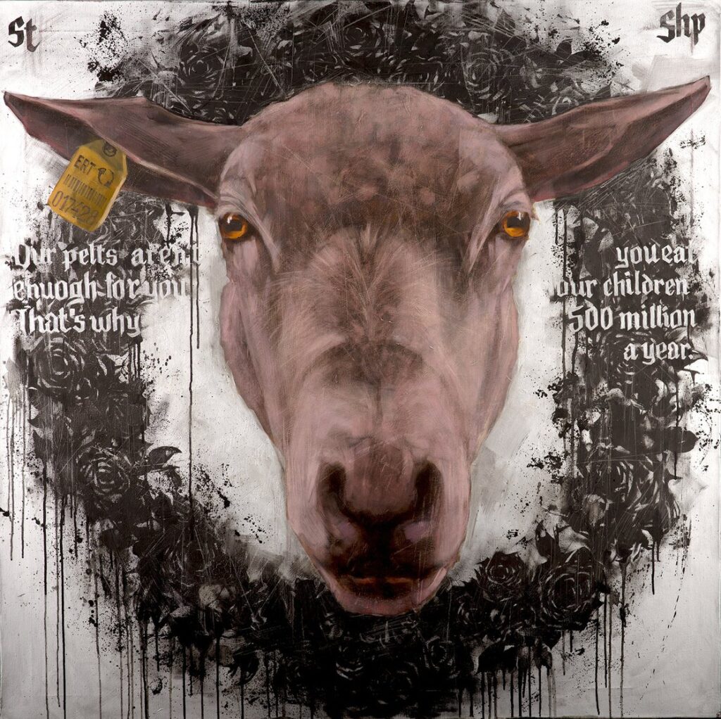 A painting from Igor Shulman’s New Saints series featuring the monologue of a sheep, addressing humanity’s consumption of animals.
