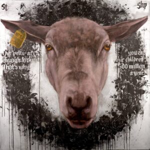 A painting from Igor Shulman’s New Saints series featuring the monologue of a sheep, addressing humanity’s consumption of animals.