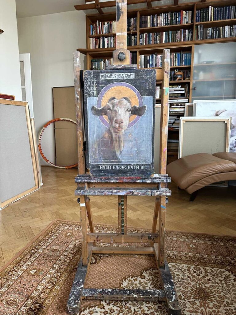 Project New Saints #13 photographed in Igor Shulman’s studio, showing scale, texture, and material of the oil on plywood painting.