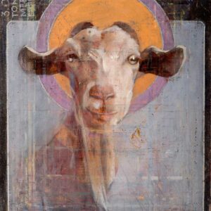 A painting from Igor Shulman’s New Saints series, featuring a goat’s monologue reflecting on humanity’s treatment of animals, painted in oil on plywood.