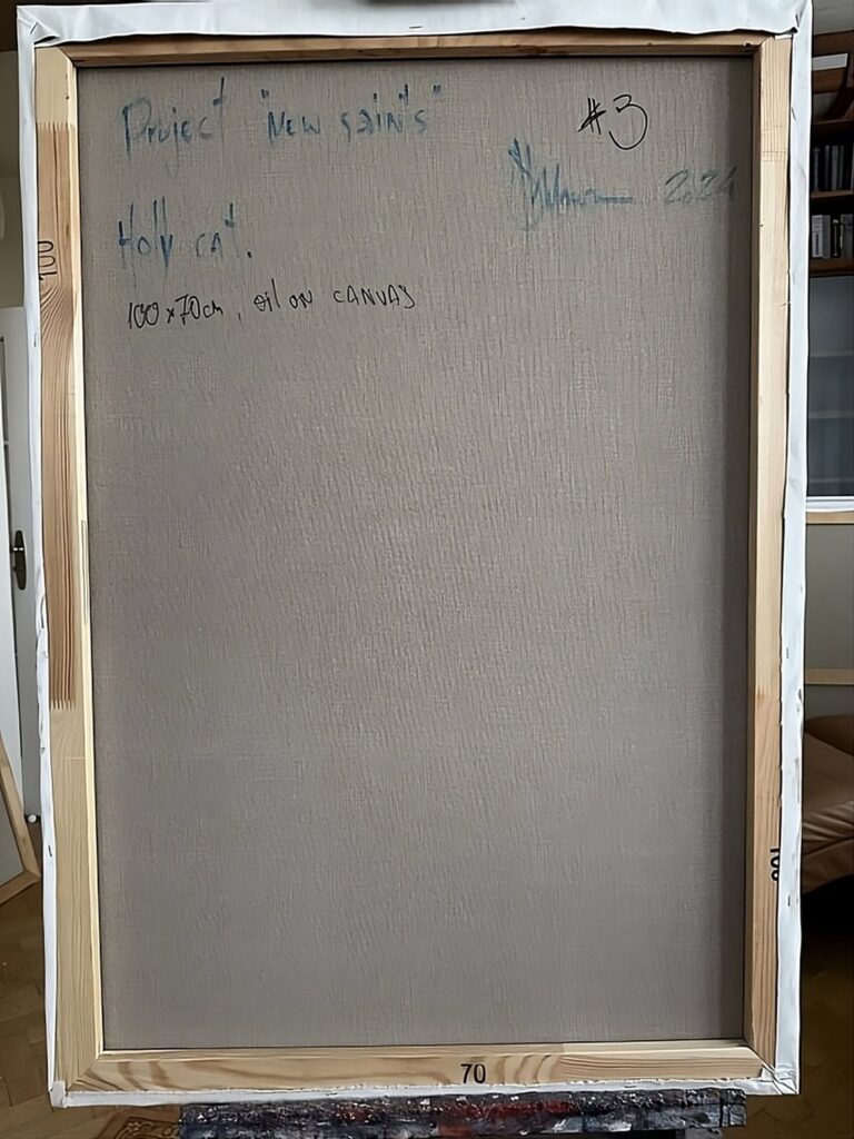 Reverse side of Project New Saints #3 by Igor Shulman, showing the canvas structure, stretcher bars, and signature on the back.