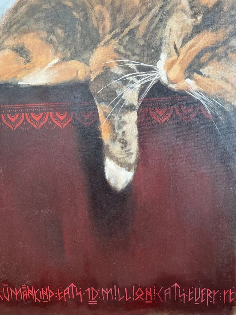 Close-up detail of Project New Saints #3 by Igor Shulman, showing the expressive brushwork and texture of the cat and symbolic elements.