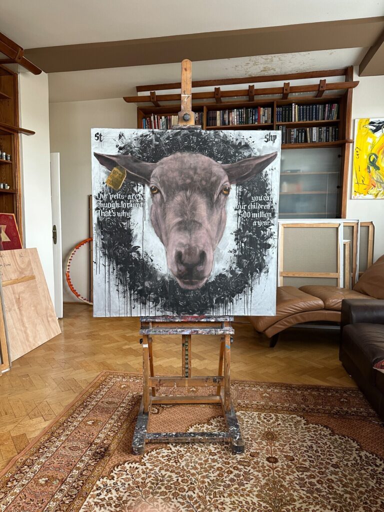 The painting Project New Saints #1 photographed inside Igor Shulman’s studio, showing the scale and texture of the work in a real environment.