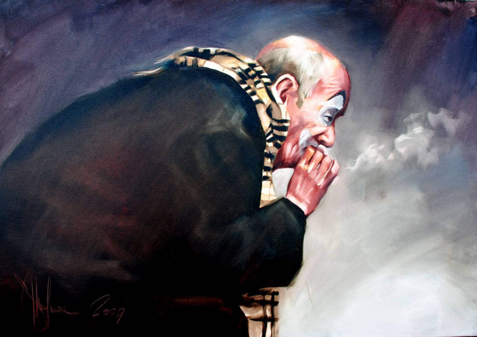 Konstantin, 2009 – Oil Painting in Expressionism by Igor Shulman Konstantin oil painting by Igor Shulman showing a profile portrait of an elderly clown deep in thought.