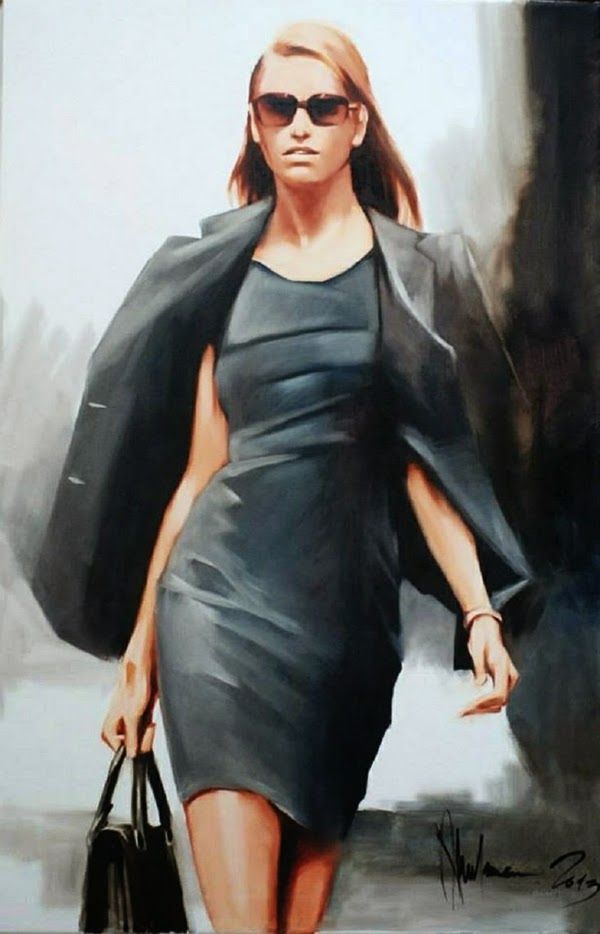 Business Lady, 2013 – Oil Painting in Realism by Igor Shulman Business Lady by Igor Shulman, original oil painting of a woman in dark clothing walking through an urban setting