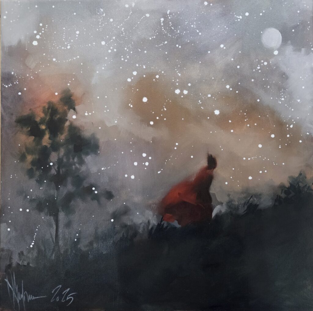 Elopement by Igor Shulman, original oil painting of a cloaked figure beneath a moonlit, star-filled night sky.