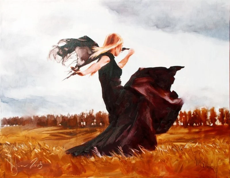 Dancing in the Fields, 2008 – Oil Painting in Expressionism by Igor Shulman Dancing in the Fields by Igor Shulman, original oil painting of a woman in a black dress standing in a windy field