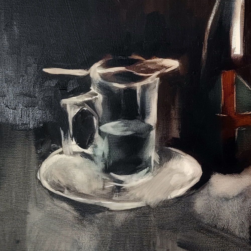 Close-up of glasses in Absinthe Still Life oil painting by Igor Shulman