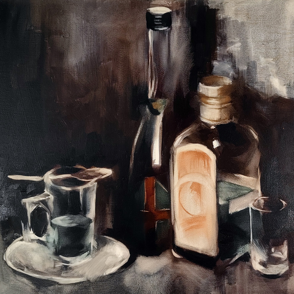 Close-up of bottles in Absinthe Still Life by Igor Shulman