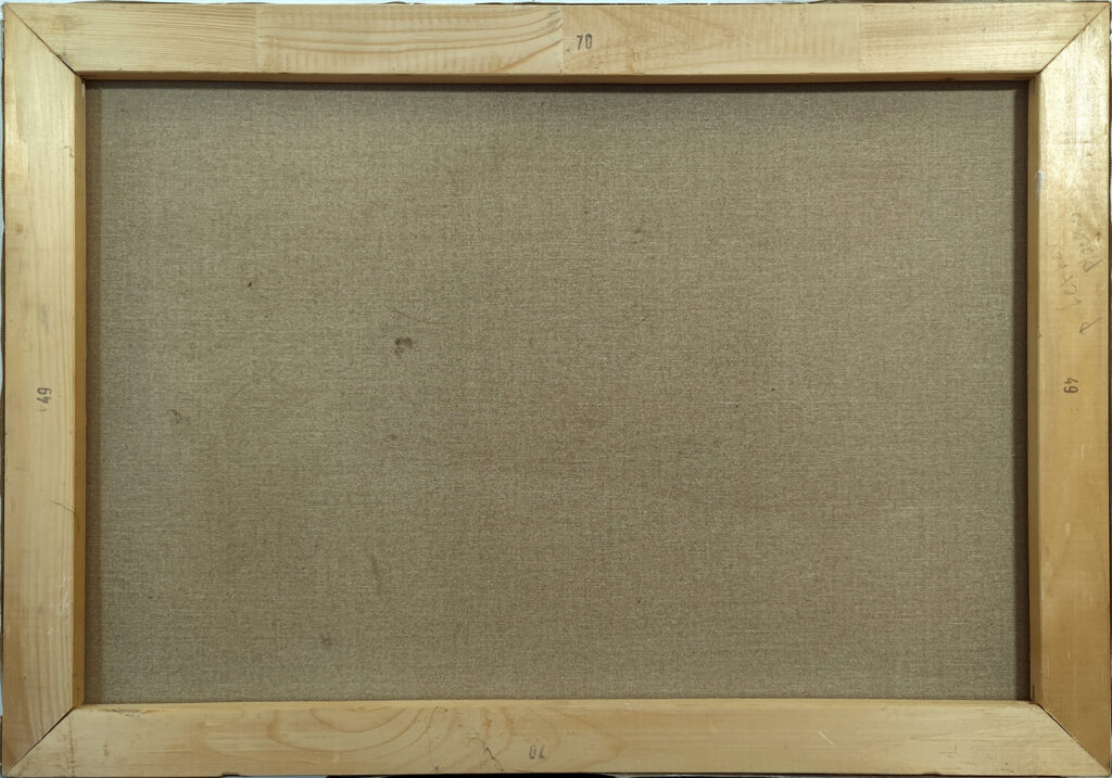 Back of original Absinthe Still Life painting showing canvas and provenance details