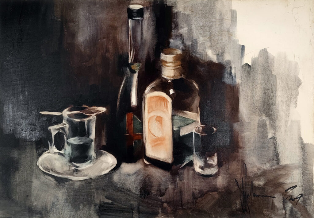 Absinthe Still Life original oil painting by Igor Shulman, 2009, expressive still life with bottles and glasses