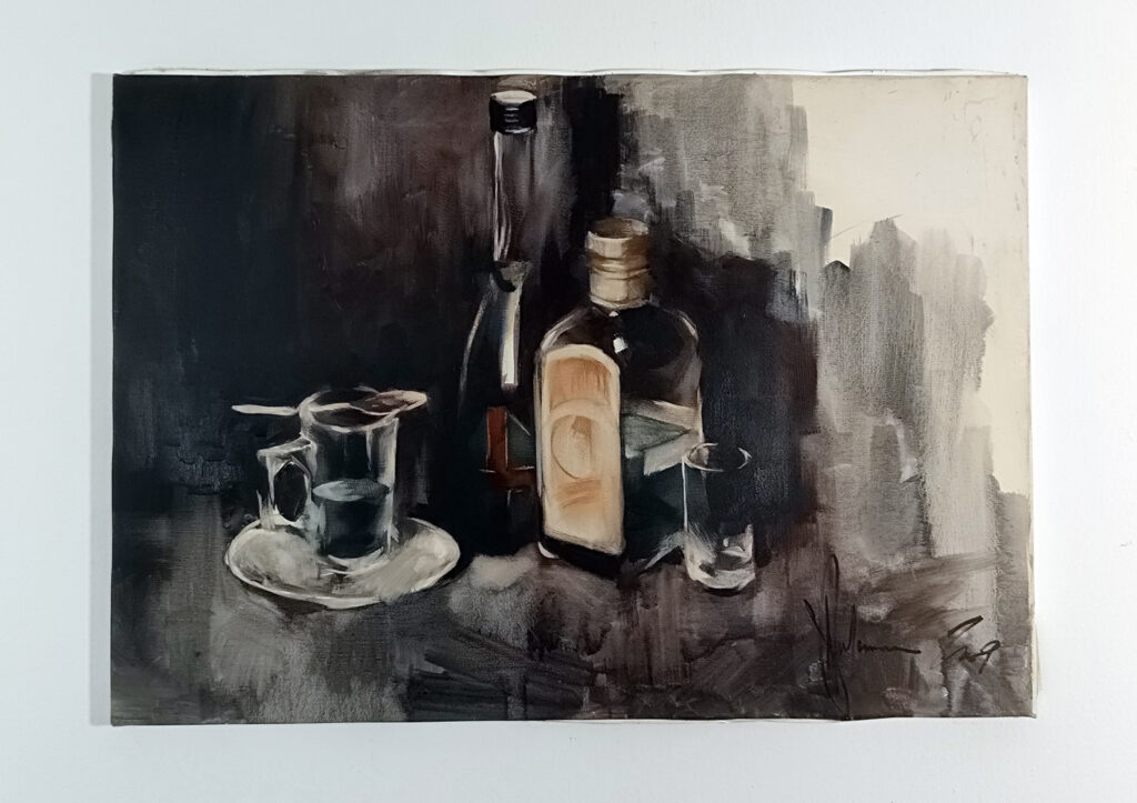 Absinthe Still Life by Igor Shulman displayed on a wall