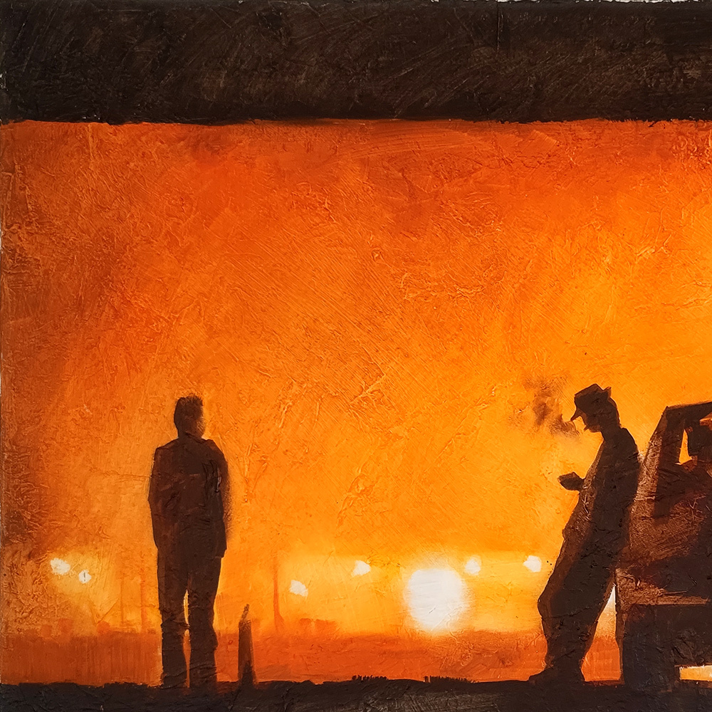 Detail of No alla Mafia showing the silhouetted figure against the dramatic orange sky