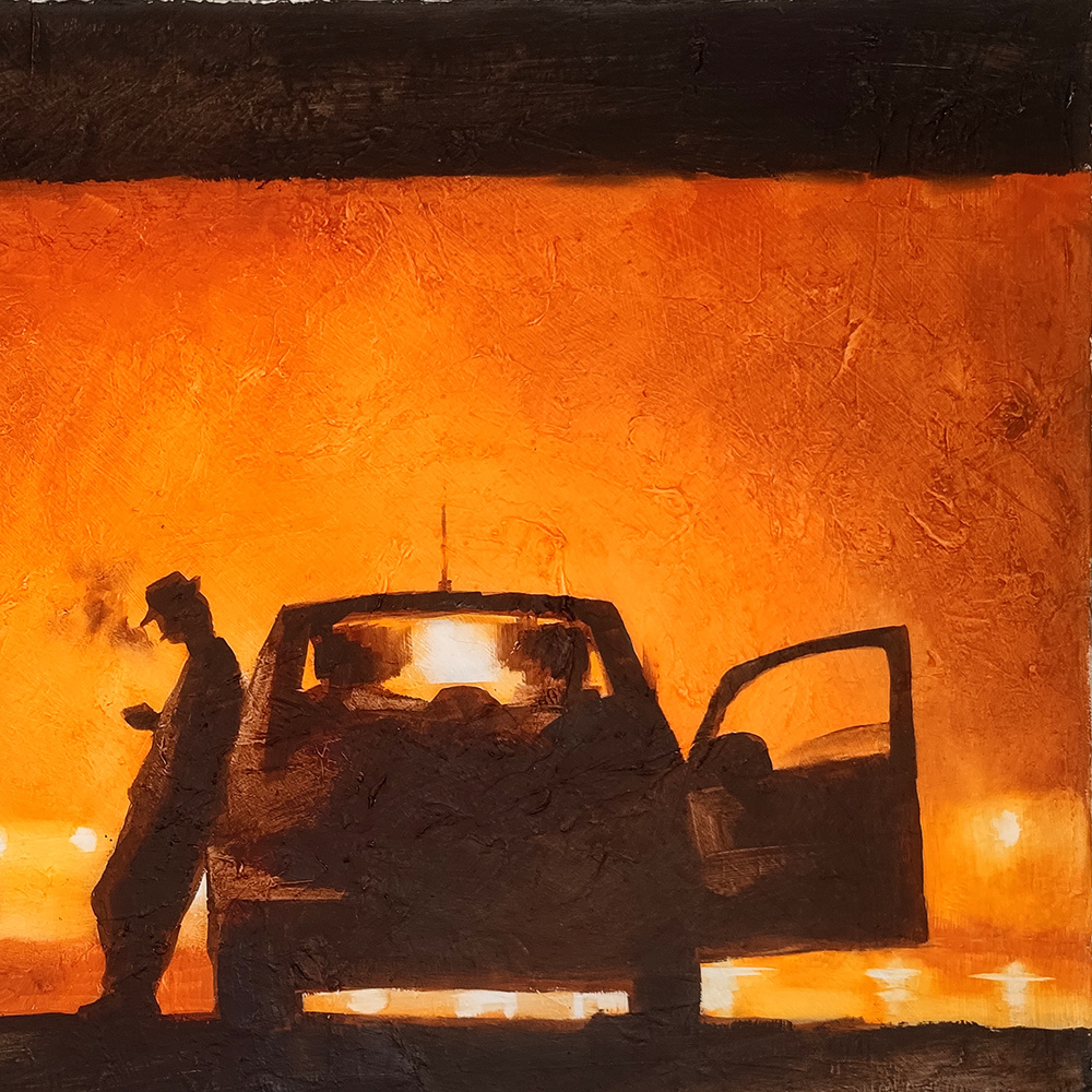 Close-up of No alla Mafia highlighting the parked car, open door and silhouetted figures