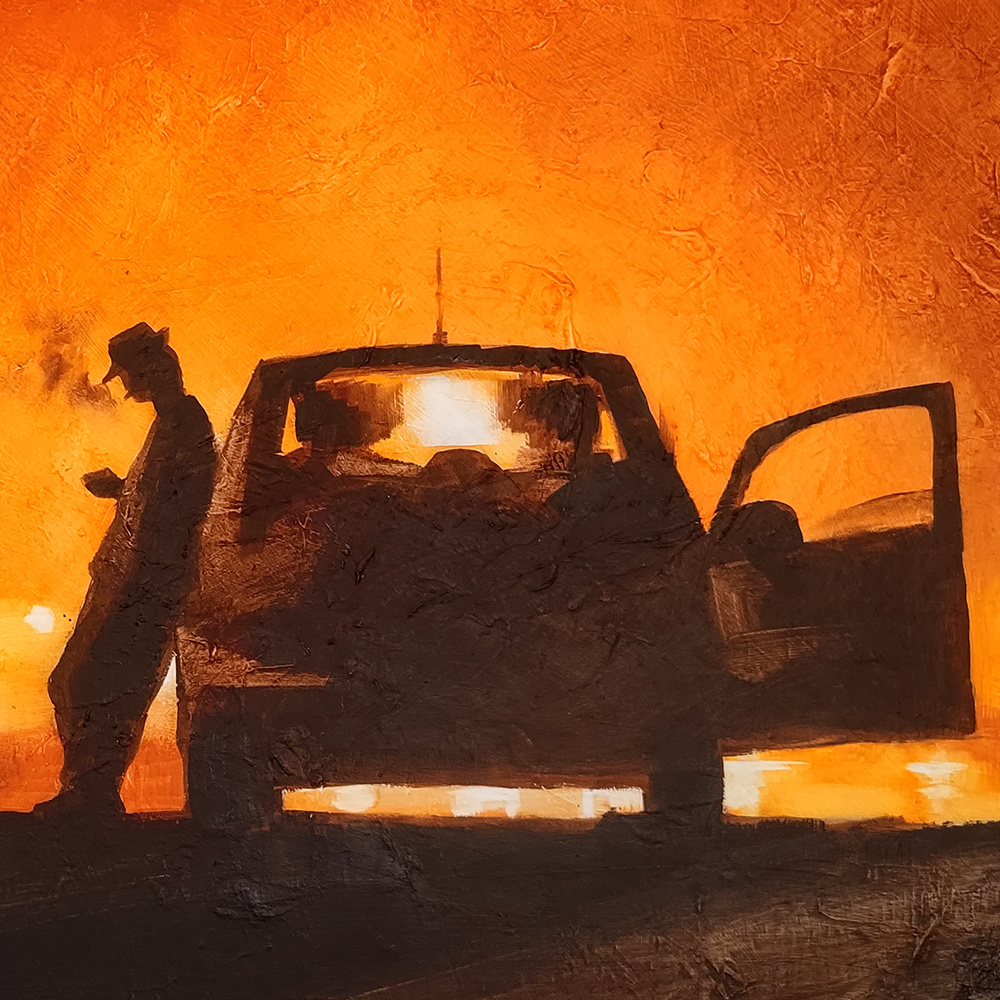 Close-up of No alla Mafia highlighting the parked car, open door and silhouetted figures