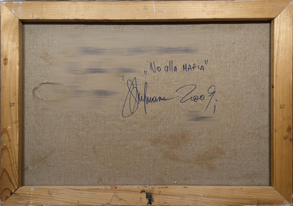 Reverse side of No alla Mafia showing the back of the original canvas and provenance details