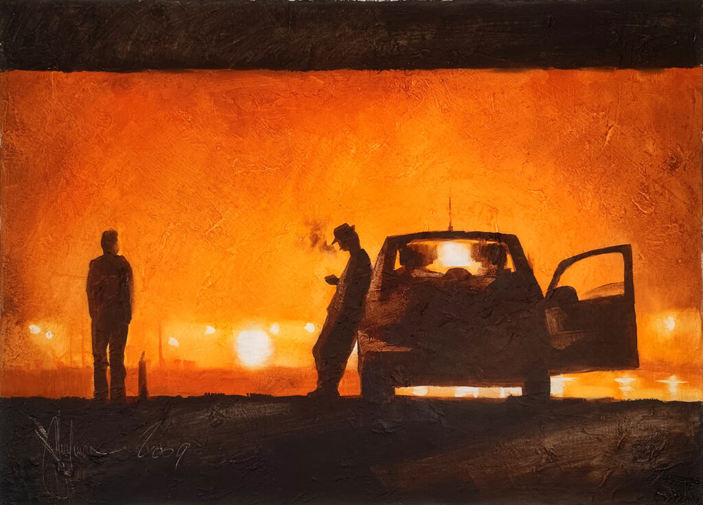 No alla Mafia, original oil painting by Igor Shulman, 2009, silhouetted figures beside a car against a glowing orange horizon