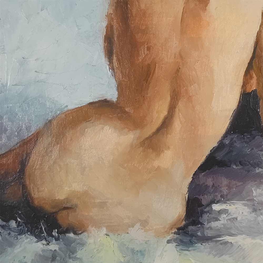 Close-up of the lower back and seated figure in Nude #101 oil painting