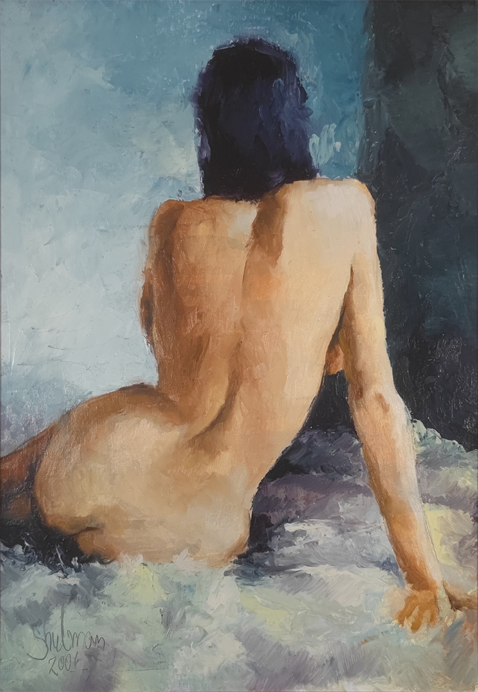 Original oil painting Nude #101 by Igor Shulman showing a seated nude woman viewed from behind