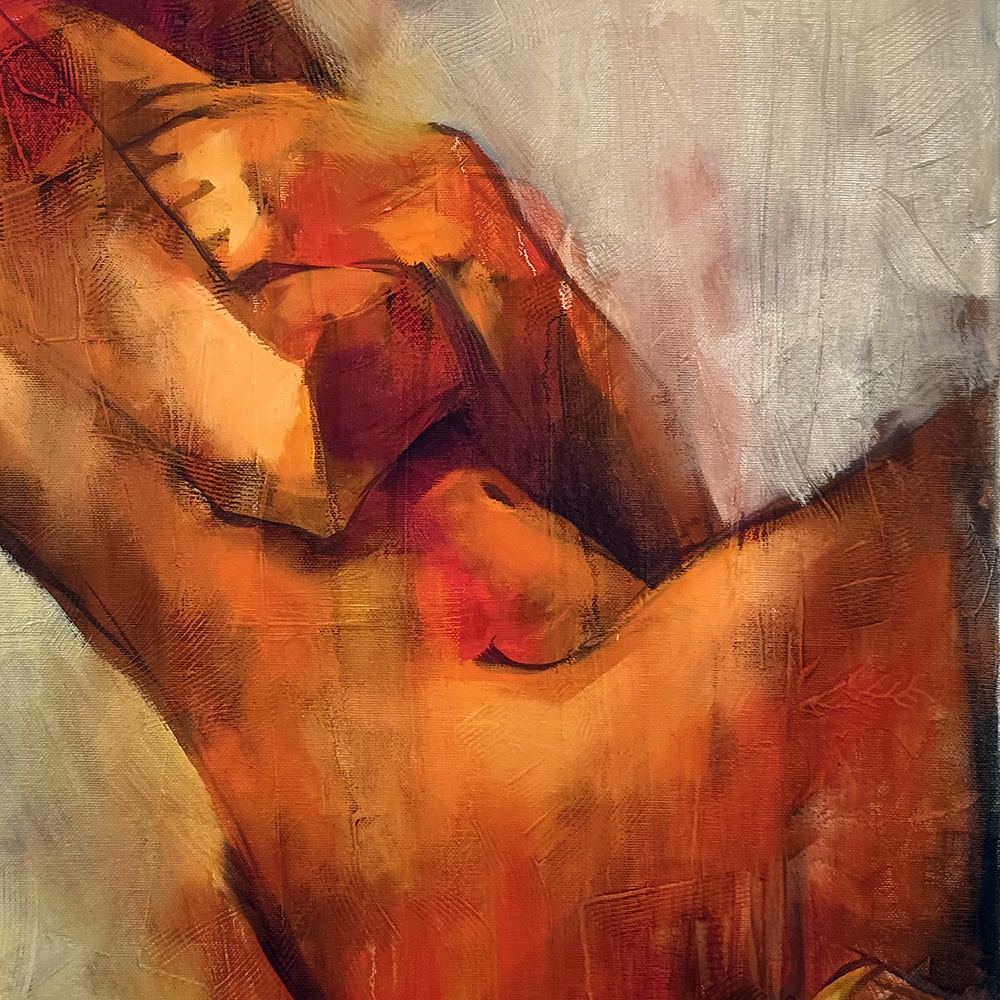Close-up of the torso and expressive brushwork in Nude #107 oil painting.