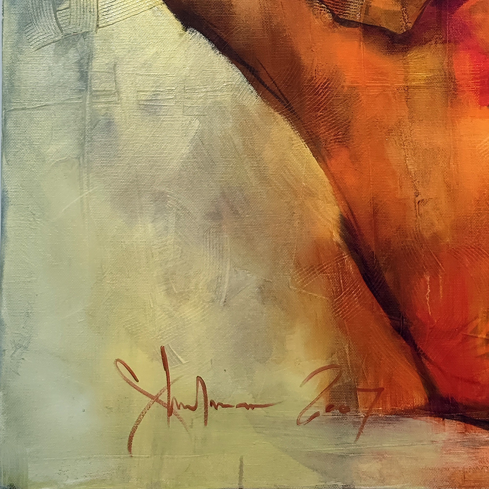Close-up of Igor Shulman's signature on the original 2007 oil painting Nude #107.