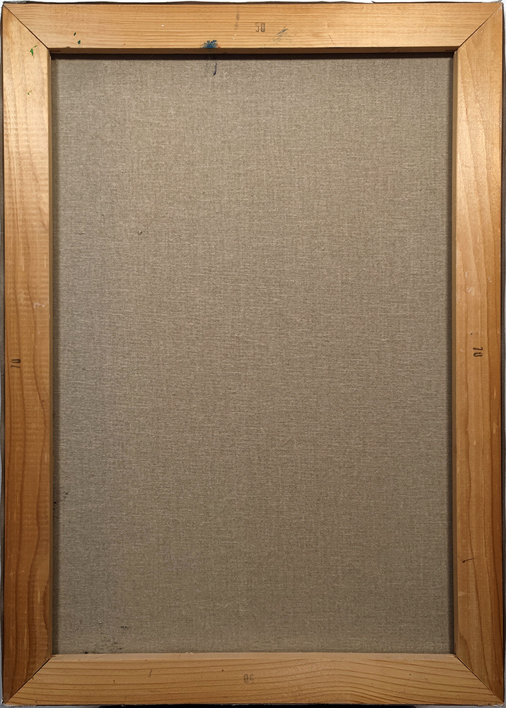 Reverse side of the original Nude #107 painting showing the canvas and provenance details.