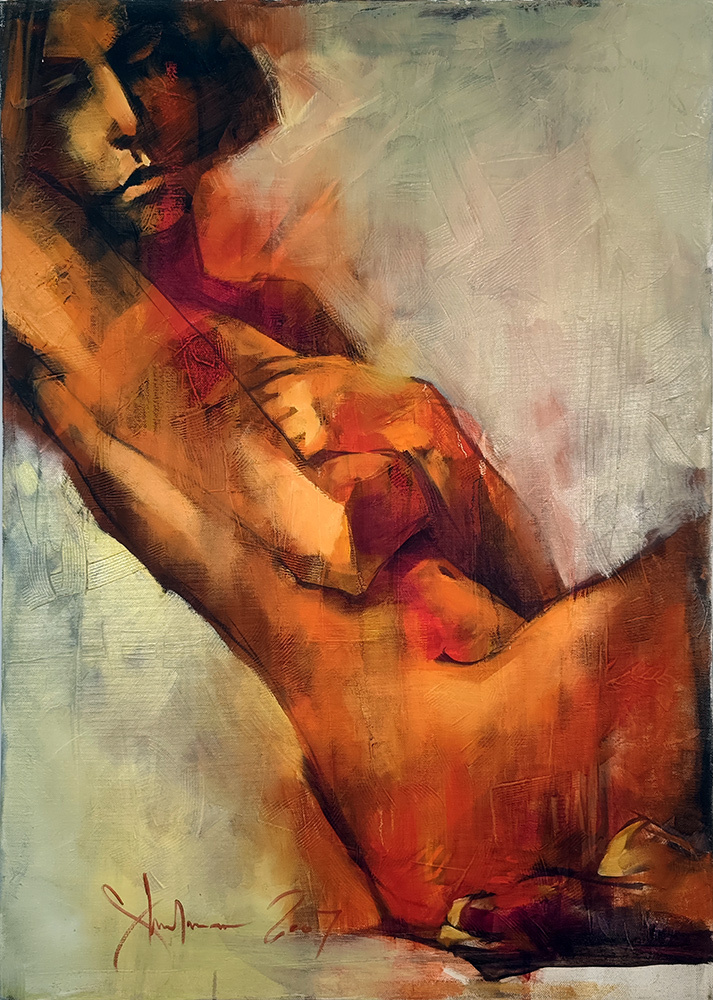 Original oil painting Nude #107 by Igor Shulman featuring a reclining female nude on linen canvas.