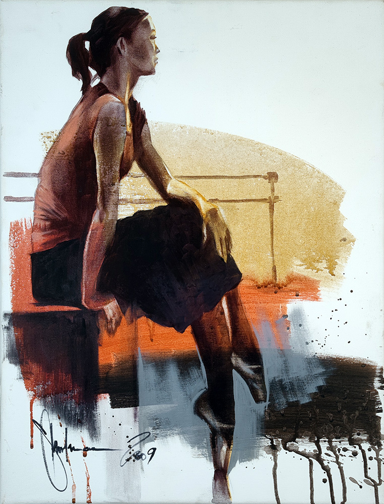The Ballet #25, original oil painting by Igor Shulman, 2009, contemplative ballerina resting between rehearsals