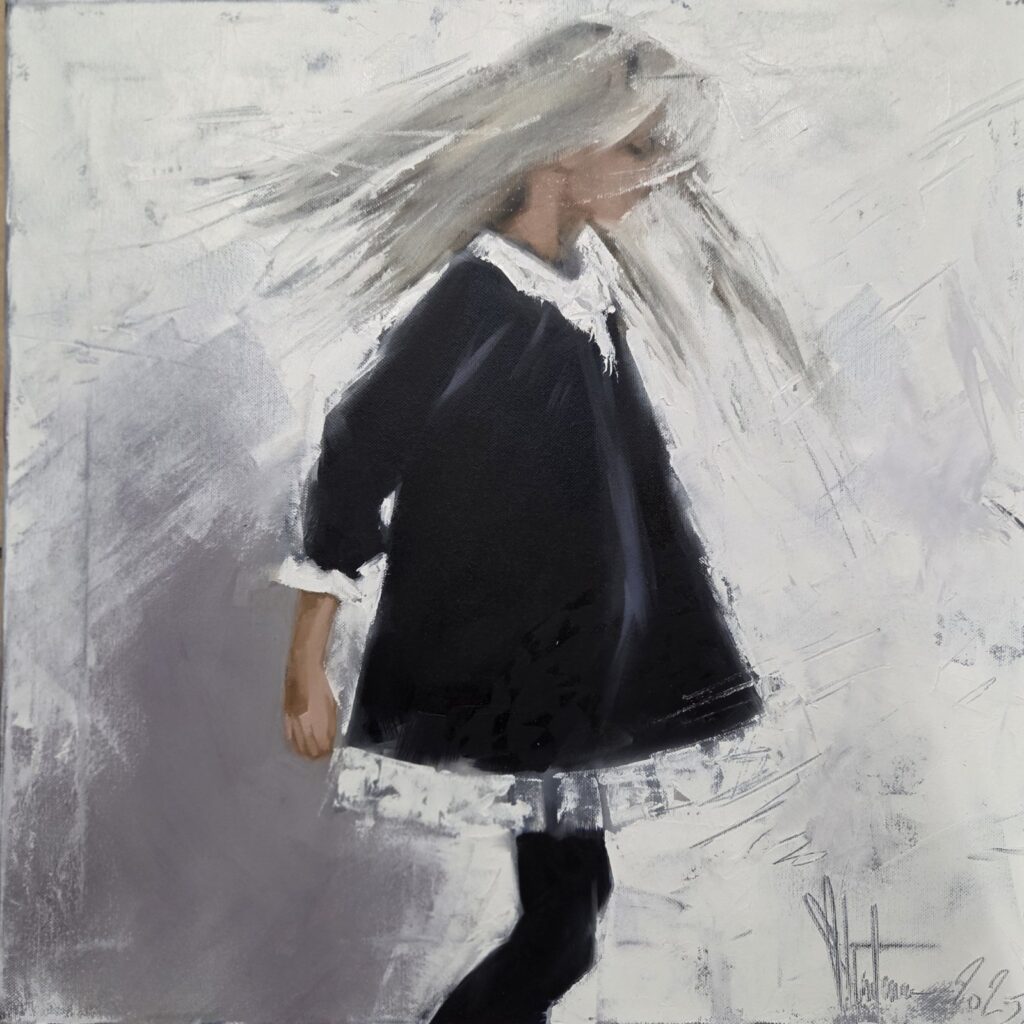 Silent Dance by Igor Shulman, original oil painting of a young girl walking in profile with flowing blonde hair.
