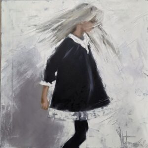 Silent Dance by Igor Shulman, original oil painting of a young girl walking in profile with flowing blonde hair.
