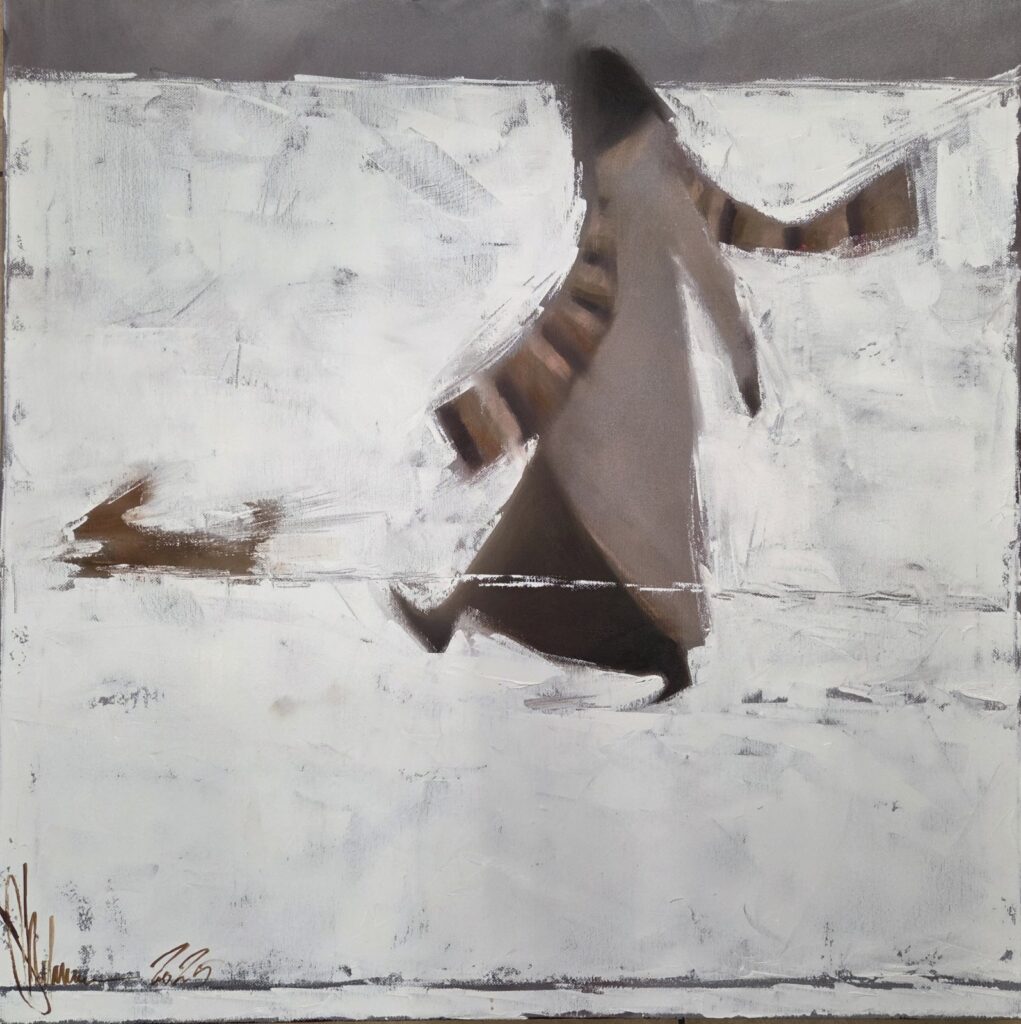 Walk with Chloe by Igor Shulman, original oil painting of a woman walking with a small dog across a snowy white landscape.